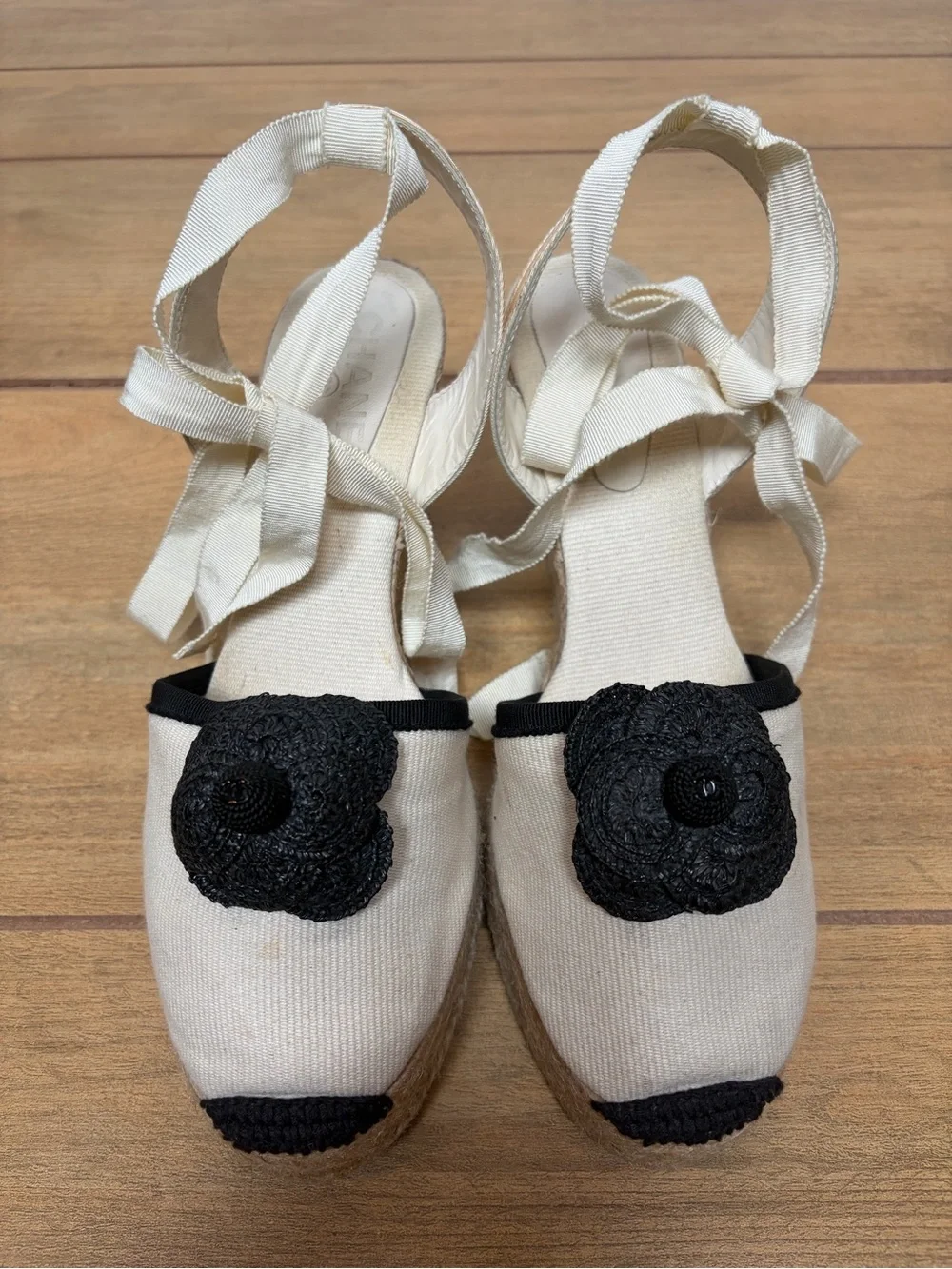 Chanel Cream and Black Camellia Flower Espadrille Wedges Ballerina Ribbon Ties